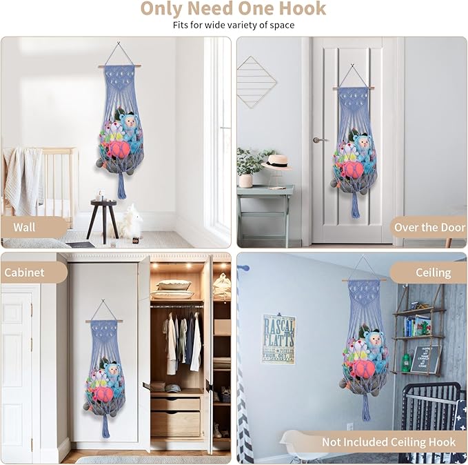Stuffed Animal Storage Hammock Corner, 63'' Jumbo Boho Macrame Toy Holder Wall Mounted, Hanging Net Organizer for Nursery Decor, Dark Blue Plush Toy Net with Star Light for Boys Girls Gift