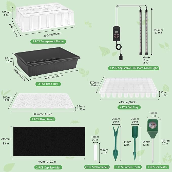 Indoor Seed Starting Kit with 60-Cell Self-Watering Tray, LED Grow Light, Timer, Humidity Dome, pH Meter for Plant Germination, Vegetables, Herbs, Flowers