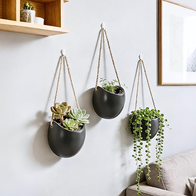 Set of 3 Ceramic Wall Vases - Hanging Pocket Planters for Indoor Plants, Wall Decor for Entryway Hallway Bathroom Living Room Dining Room