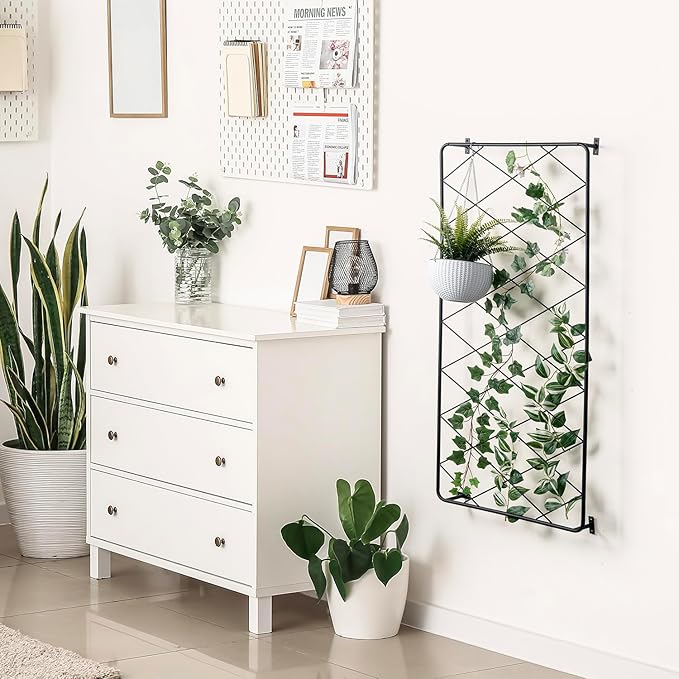 MyGift 50"x24" Wall Mounted Garden Trellis, Black Metal Lattice Panels for Outside, Hanging Lattice Support Frame for Outdoor or Indoor Climbing Plants, Set of 2 Panels