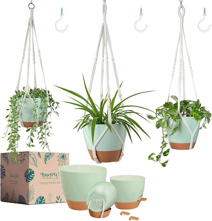 Bouqlife Larege Hanging Planters with Macrame Plant Hangers for Indoor Outdoor Plants 3 Set 10" / 8" / 7" Self Watering Pots Hanging Baskets Flower Pot Holders 3 Different Size Green Large