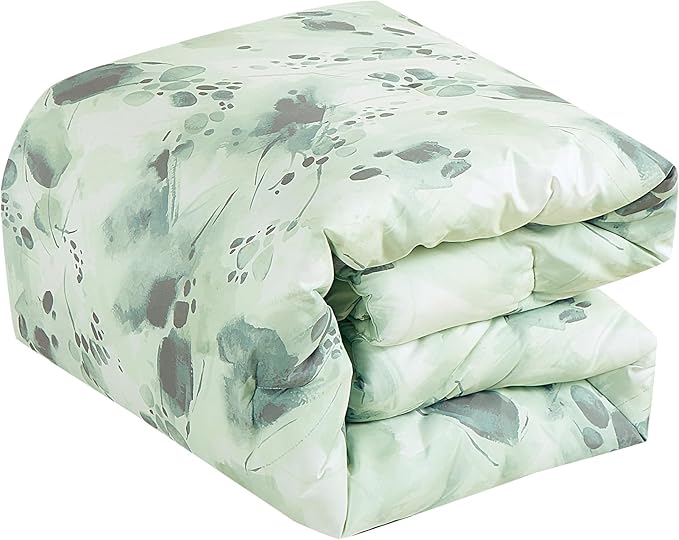 Chezmoi Collection Cristie 7-Piece Floral Bed in a Bag Full Comforter Set - Green Gray White Watercolor Floral Printed Microfiber Bedding Set