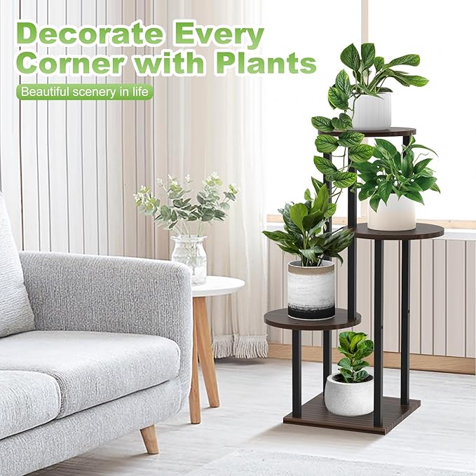 4 Tier Wood Tall Plant Stand Metal Rack Indoor, Multiple Flower Pot Holder Shelves Corner Rack, Round Planter Shelf Display Rack Storage Organizer for Patio Living Room Balcony(Black+Oak)