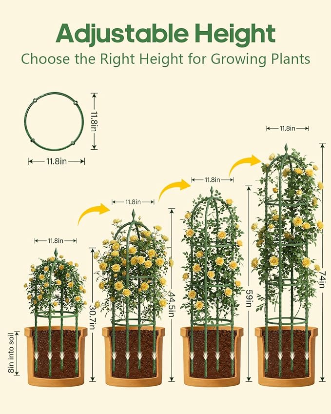Joyhalo 2 Pack Trellis for Climbing Plants Outdoor, 6.2ft High Adjustable Garden Trellis for Flowers, Green Plastic Coated Steel Plant Stakes Use As Tomato Cage