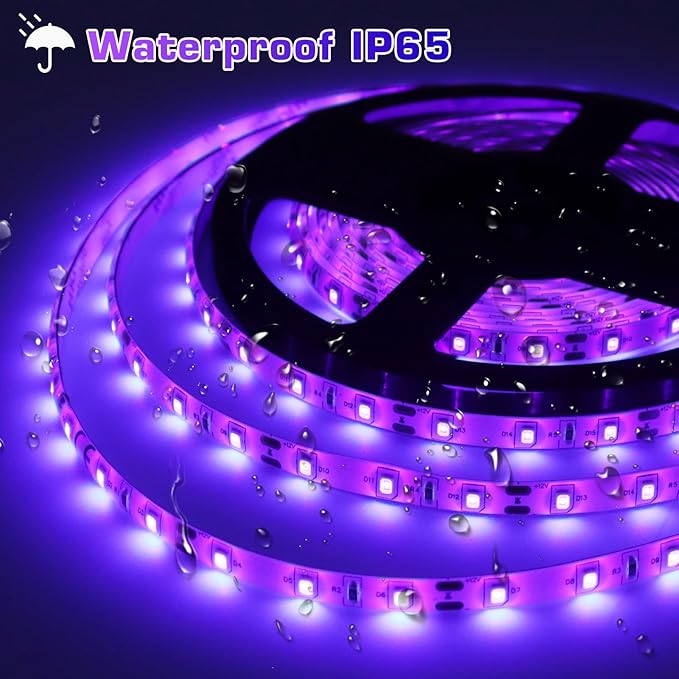 LightingWill LED UV Black Light Strip Kit, Ultraviolet Waterproof IP65 32.8FT/10M 3528 600LEDs, 395nm-405nm Blacklight for DJ Bar Club Party Decor Night Fishing with 12V Power Supply