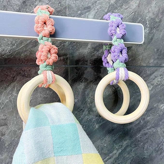 4 Pcs Daisy Flower Macrame Towel Holder Ring, Crochet Hanging Kitchen Dish Towel Holder, Handmade Kitchen Towel Hanger with Wood Hanging Loop for House Oven Stove Door