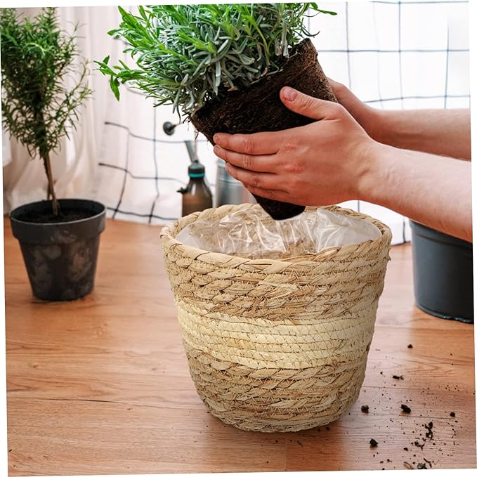 Angoily Round Wicker Plant Basket 2PCS Seagrass Rattan Flower Plant Pots Basket Planters Decorative Woven Flowerpots Wastes- Desktop Floor Weaving