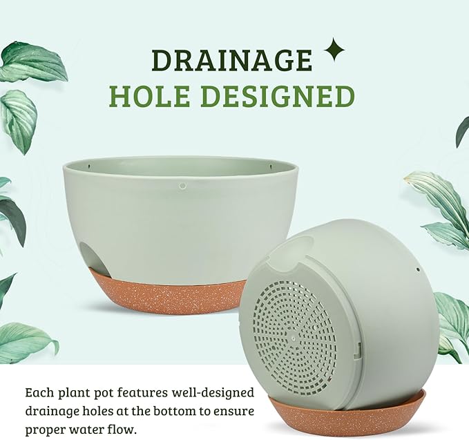 Vanslogreen Plant Pots 12inch Self Watering Pots, Set of 2 Plastic Planters with Drainage Holes and Saucers, Flower Pots for Indoor Outdoor Plants (Green)
