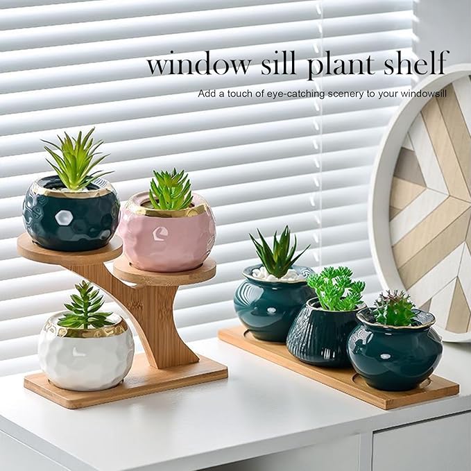 1 Pack Tabletop Plant Stand Indoor Small Windowsill Flower Shelf Bamboo Mini Succulent Windowsill Shelf Bamboo Trayfor Home, Office, Living Room, Bedroom Decoration(Without plant pot)