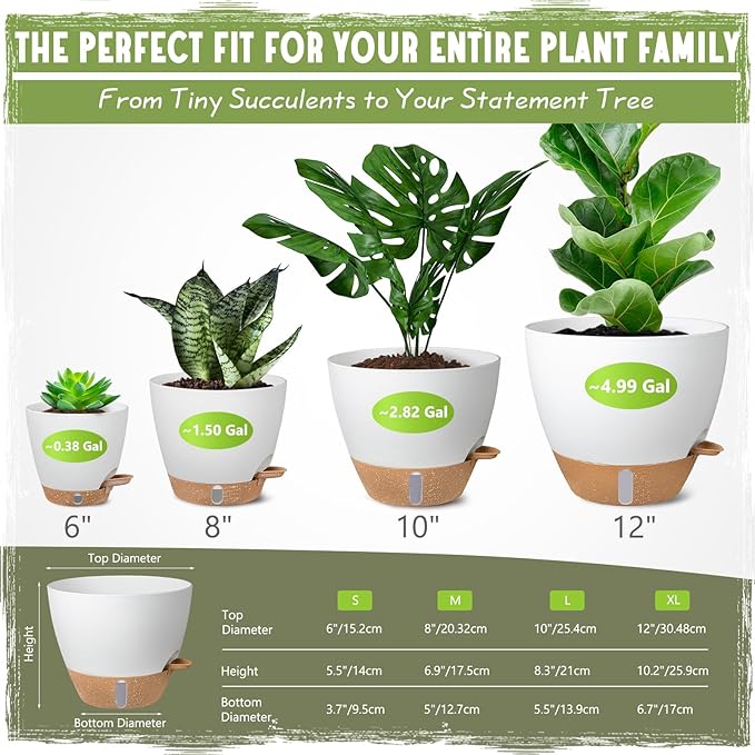 Self-Watering Pots for Indoor Plants 4 Pack, 6/8/10/12 Inch Outdoor Planters with Water Level Indicator & Deep Reservoir, Decorative Flower Pots for Home Decor (White, 12+10+8+6 Inch)