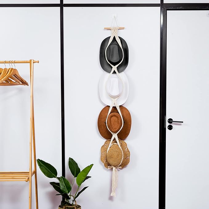 Yulejo Macrame Hat Hangers Boho Hat Rack Cowboy Hat Hanger Back of Door Hat Organizer (White,Four Hats Style)