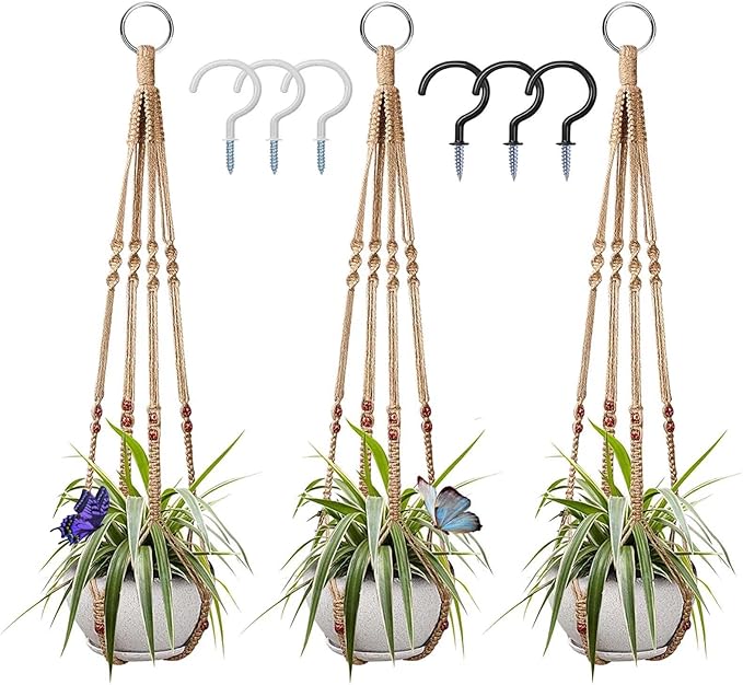 Macrame Plant Hanger 3 Pack Ceiling Plant Hanger 35'' Brown Hanging Planter Holder Boho Handmade Plant Jute Rope with 6 Hooks and Beads for Indoor Outdoor Home Balcony Decor, Fit Max 12'' Flower Pot