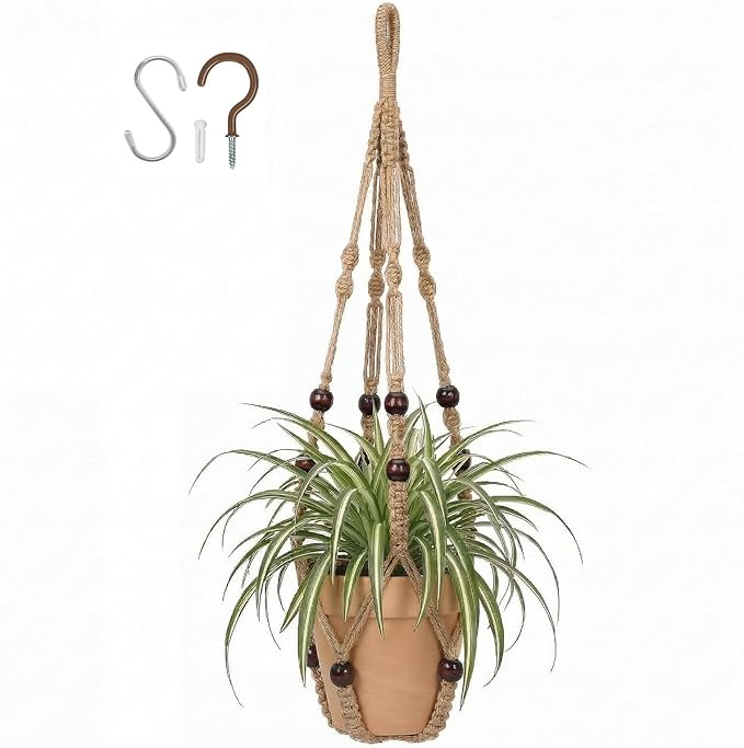 Macrame Plant Hanger Indoor, 23" No Tassel Hanging Plant Holder, Sturdy Flower Pot Holder with Hooks - Brown (Pot NOT Included)