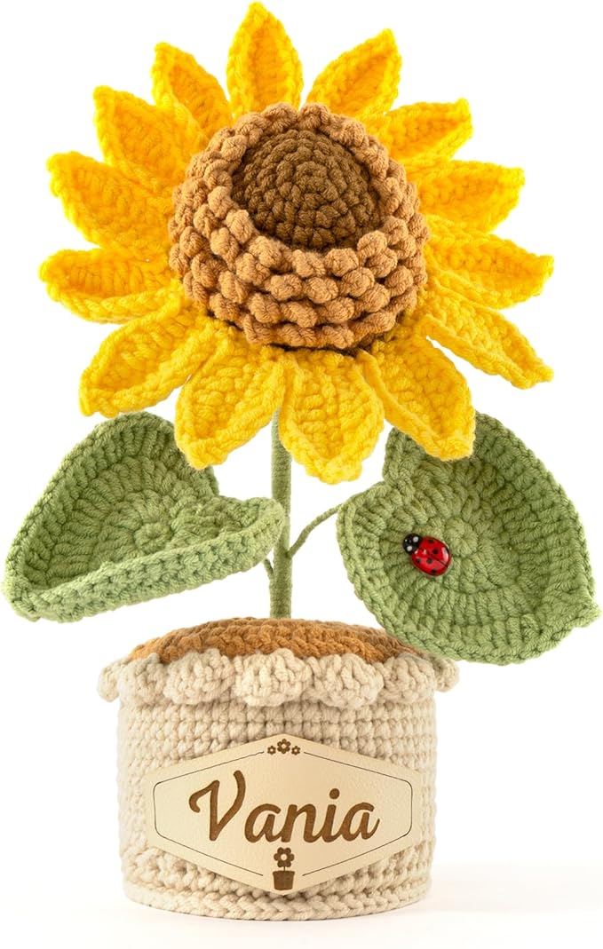 Crochet Flowers with Personalized Leather Name Tag Handmade Knitted Flowers for Home Office Desk Decor Crochet Sunflower Potted Plant for Women,Mother,Teachers, Birthday Crochet Gifts(Yellow)