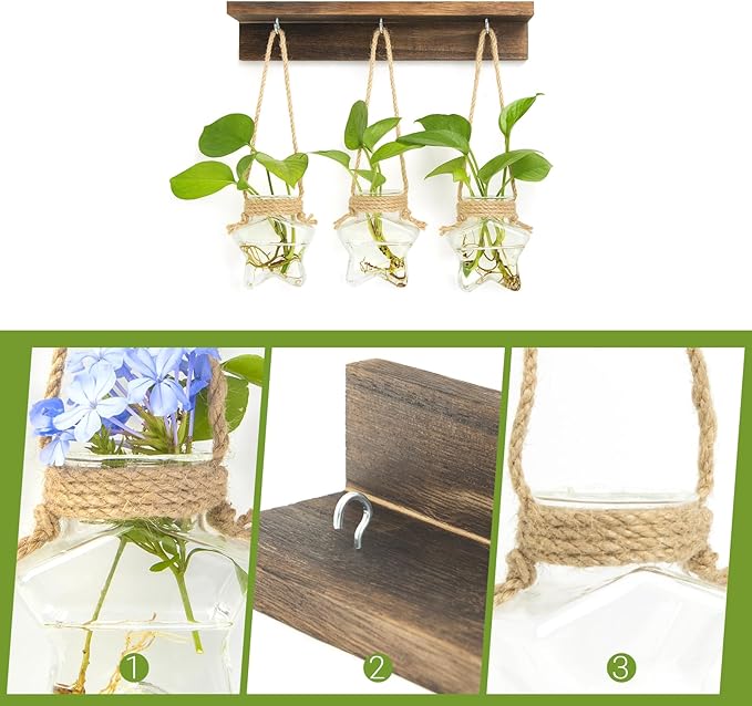 XXXFLOWER Wall Hanging Propagation Station with 3 Star-Shaped Glass Vase, Plants Propagation Stations for Hydroponics Living Room Office Decoration,Unique Gardening Gifts for Plant Lover
