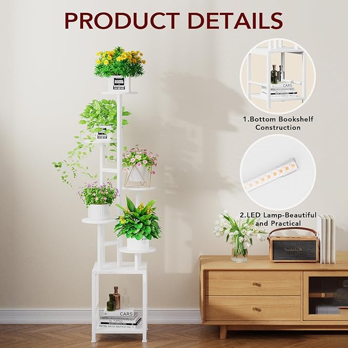 Homsorout Plant Stand Indoor with Grow Light, 6-Tiered Tall Plant Stand Indoor, Metal Plant Shelf with Hanging Basket Hook and Adjustable Light, Ideal for Living Room, Garden, Round Patio white