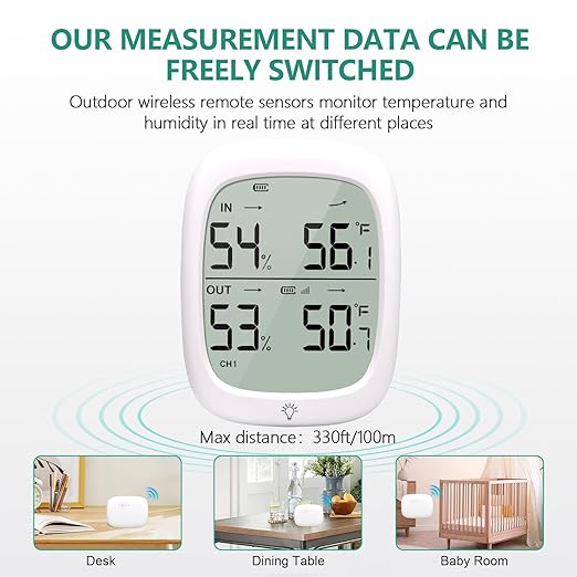 Wireless Outdoor Thermometer Hygrometer, 330ft Remote Range Digital Humidity Gauge, High Accuracy Temperature Monitor for Home, Greenhouse, Baby Room, Patio