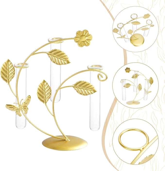 Desktop Glass Plant Propagation Station Stand with 3 Test Tubes, Gold Metal & Glass Propagation Vase with Butterfly and Plants Pattern, Hydroponic Terrarium Planter Office Home Indoor Decor