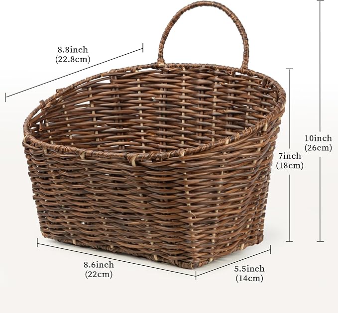 Hanging Wall Basket Handwoven Wicker Basket for Plants, Flowers & Storage, Rustic Farmhouse Wall Decor Organizer, Dark Brown Plastic Rattan