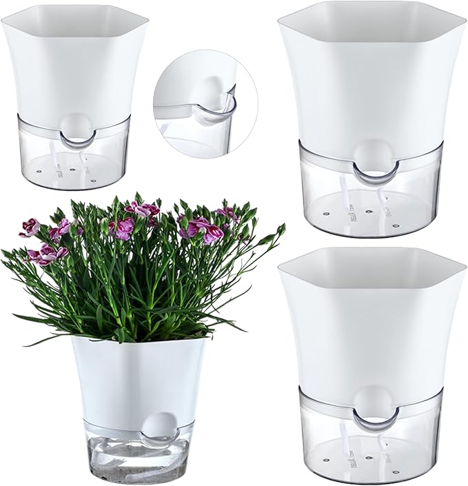 3-Pack 7.8" Clear Self Watering Pots for Indoor Plants Large Hexagon Self-Watering Planters Orchid Pots Plastic Wick Flower Plant Pots for African Violet, Spider, Herbs, Home Decor, White and Clear