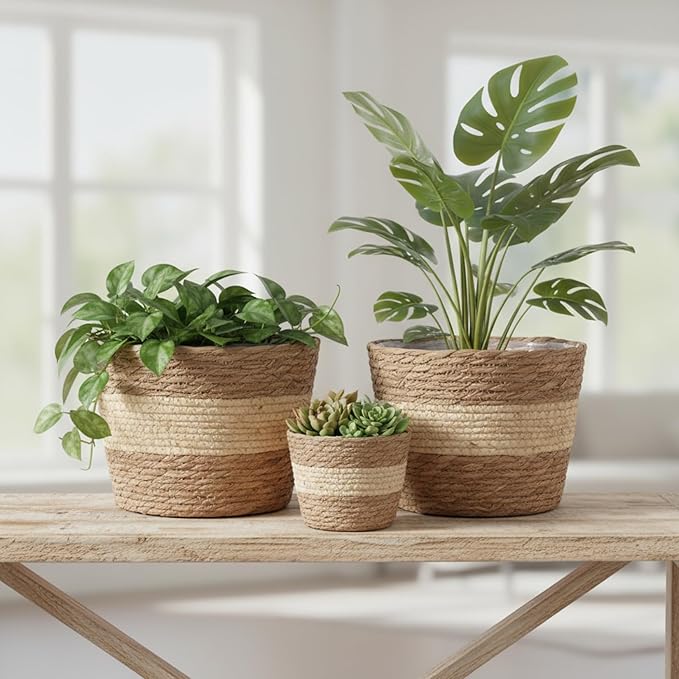 3PCS Woven Planter Rustic Seagrass Baskets with Liners for Indoor Plants Natural Rattan Plant Basket (3 Size) Set 2
