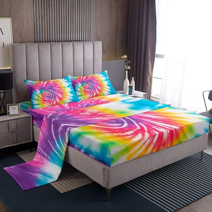 Tie Dye Boho Trippy Swirl Bed Sheets - Bohemian Gypsy Bedding Set, Hippie Style, Colorful Kids Girls Women Sheets - Twin, 1 Flat + 1 Fitted + 1 Pillow Case, Soft