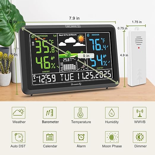DreamSky Weather Station Indoor Outdoor Thermometer Wireless with Digital Atomic Clock for Home, Large Display with Dimmer, USB Port, Inside Outside Temperature Humidity Monitor (Plug-in)-2 Sensors
