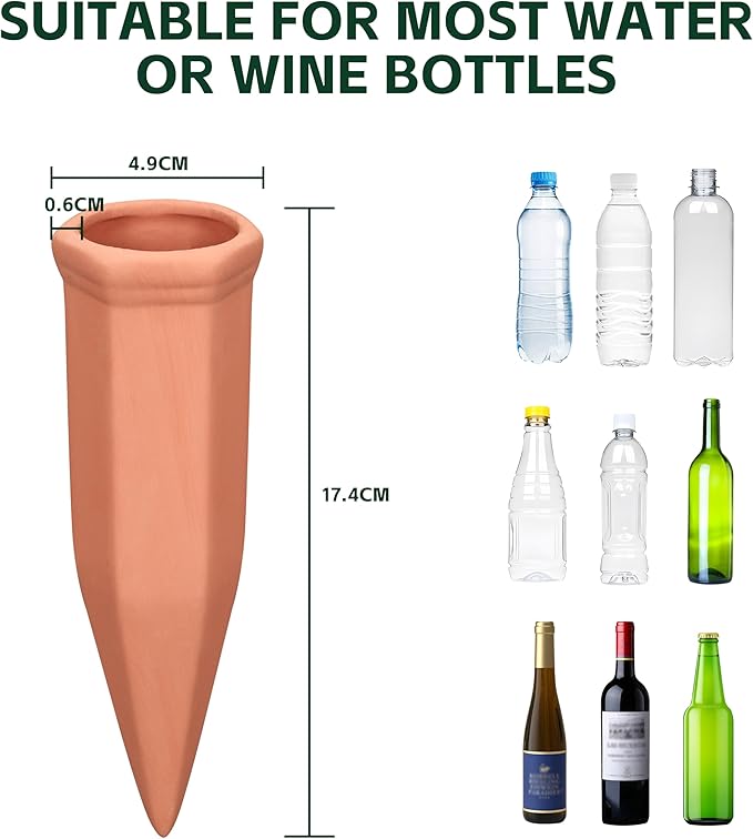 Soilagua Terracotta Watering Spikes, Wine Bottle Watering Stakes, Slow Release Self Watering Planter Insert for Out | Indoor Plants, Vacation Plant Watering Devices, Automatic Plant Waterer, 4-Pack