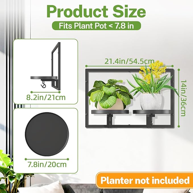 iDavosic.ly Wall Plant Picture Frame Holder with 2 Trays for Indoor, Metal Stand with Hanging Hooks, Floating Flower Display Decor, Space Saving & Easy to Assemble (Pots/Chains/Plants Not Included)
