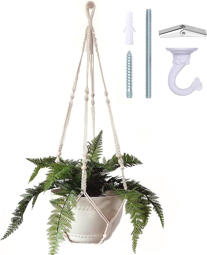 Bouqlife 43 Inches Macrame Plant Hanger Large for 12 inch Pot Extra Long No Tassel Cotton Rope Hanging Plant Holder with Ceiling Hook Bohemian Home Decor