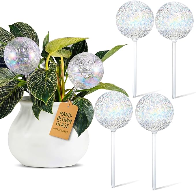Thenshop 6 Pack 17 oz 2 Weeks Plant Watering Globes Large Self Watering Devices Iridescent Glass Bulbs with Complete Accessories Automatic Drip Irrigation for Patio Lawn Vacation Plant Slow Release