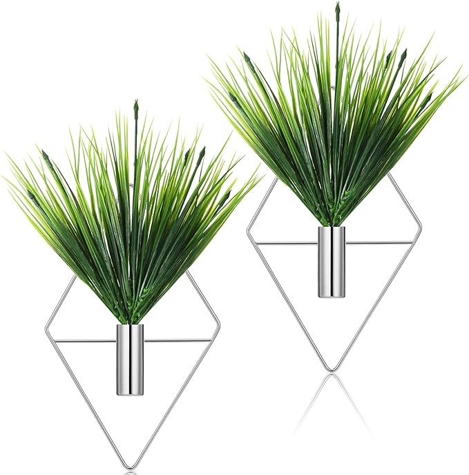 Canlierr 2 Pieces Wall Decor Hanging Planters with Artificial Plants Metal Hanging Vase Indoor Plants Holder Modern Boho Wall Art for Bathroom Bedroom Living Room Decor(Silver,Aquatic Plant)