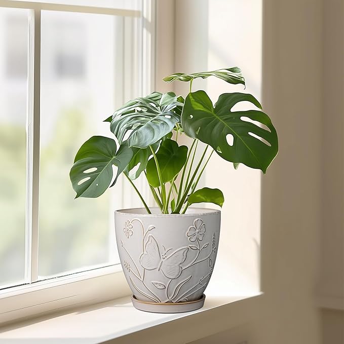 MPotTo 8 Inch Ceramic Pots for Plants Large Planter Pot with Drainage Hole and Saucer Round Flower Pot for Indoor Outdoor Decor, White