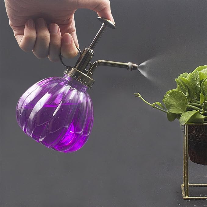 THY COLLECTIBLES Flower Water Spray Bottle Can Pot Plant Mister | Vintage Pumpkin Style Decorative Glass Plant Atomizer Watering Can Pot with Pump for Terrariums Flowers Potted Plants (Purple)