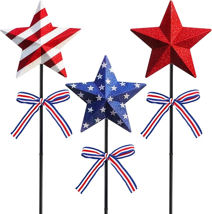 Amyhill 3 Pcs 4th of July Outdoor Decor Patriotic Star Metal Garden Stakes Memorial Day Welcome Yard Signs Red White Blue Decorations Garden Stakes for 250th Anniversary Patio Lawn Walkway Outside
