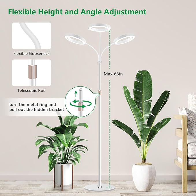 Aumtrly Grow Lights for Indoor Plants, 3 Head Full Spectrum Plant Light with 68" Adjustable Stand for Growing Large Tall Plants, White Halo Floor LED Grow Lamp with 16 Hour Timer