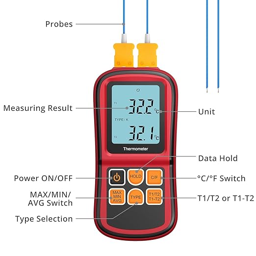 Kamtop Digital Thermometer, Dual Channel Thermometer with Two K Type Thermocouple Probes, High Temperature Meter Dual Measurement Meter Sensor Backlight LCD for K/J/T/E/R/S/N Type