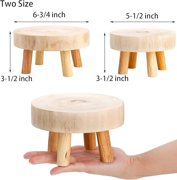 TOPZEA Set of 2 Mini Wooden Stool Display Stand, Short Boho Wood Riser Stools Small Desk Pedestal Stand for Candle, Indoor Plants, Gnome, Counter Decor