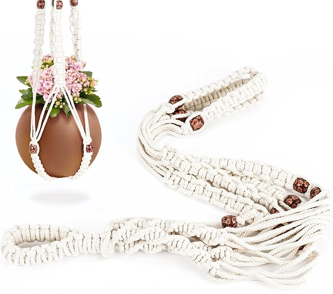 Necamocu Handmade Macrame Plant Hanger with 2PCS Hooks, Elegant Hanging Plant Holder for Indoor Outdoor Plants, Sturdy Hanging Planters with No Tassel, 33 Inch, Ivory