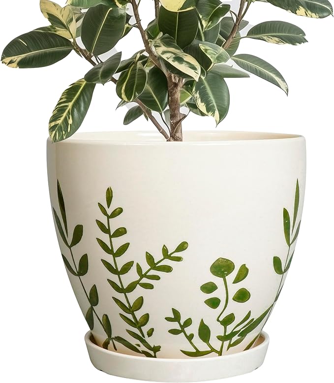 MPotTo 10 Inch Plant Pot - Ceramic Planter for Indoor Outdoor Flowers, Decorative Round Indoor Flower Pot with Drainage Hole and Saucer, Plant Lover Gifts, Garden Patio Home Office Decor, White