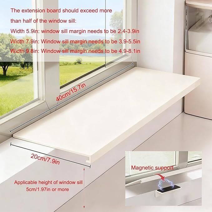 Window Sill Extender Plate, White Carbon Steel Storage Shelf, Countertop Extension Board with Magnetic Base for Kitchen Bathroom Balcony (40x20cm/15.7x7.9in)
