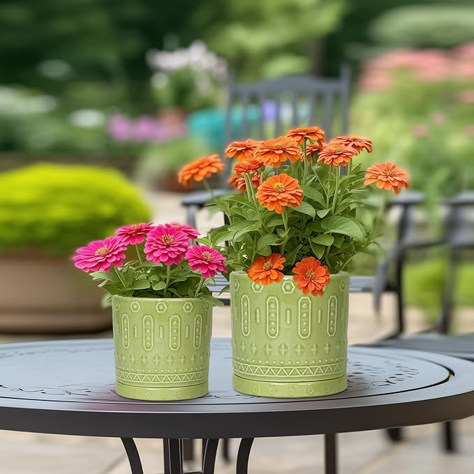 Eightpot 8 Inch Plant Pots - Ceramic Planter for Indoor Plants Outdoor, Round Ceramic Flower Pots with Drainage Hole and Saucer, Boho Decorative Planter, Home Bedroom Decor, Birthday Gifts, Green