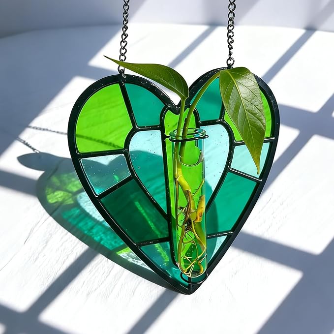 QLCBELOVE Stained Glass Plant Propagation Station, Handmade Suncatchers Window Hanging Decor, Hanging Hydroponic Planter Terrarium with 2 Glass Tubes for Home & Garden Decor, Green, Indoor Outdoor