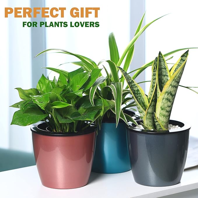 Planterhoma Premium 5 Pack Self Watering Pots for Indoor Plants, Rose Gold, 6.7 inch