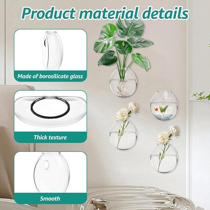 Wall Vases, Wall Hanging Planter Propagation Station, Glass Walls Vase for Flower Propagating Hydroponics Plants, Home Office Decor Present (4 Pcs)
