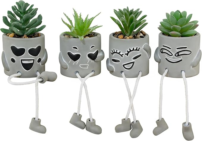 4 Pack Artificial potted Succulent Plants with Hanging Legs, Fake Mini Succulents in Pots, Faux Small Plants for Office Desk, Kitchen, Bathroom, Home Shelf Decor, Funny Office & Home Decor Accents