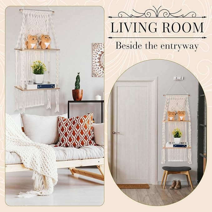 Barydat 2 Pack Macrame Wall Hanging Shelf 2 Tier Handmade Boho Hanging Wall Shelf Floating Woven Rope Decorative Storage Racks Holder Organizer for Home Bedroom Bathroom Plants, Beige (Elegant)