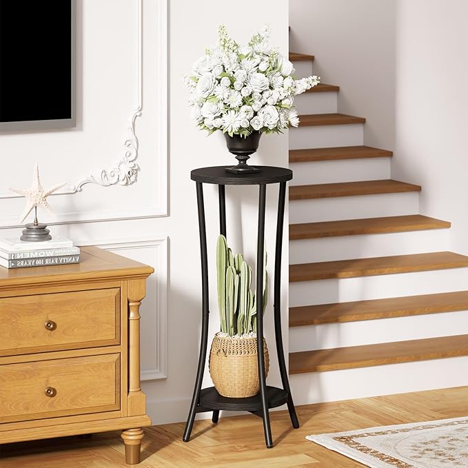 IBUYKE 30 Inch Tall Plant Stand Indoor, 2 Tier Wood Corner Plant Stand, Modern Round Plant Shelf Flower Stand for Living Room Patio Balcony Garden, Black TMJ074B