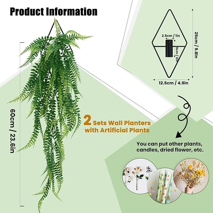 GREENTIME 2 Pack Artificial Boston Fern 28" Fake Hanging Plants with 9.8" Diamond Metal Planter UV Resistant No Maintenance Boho Wall Decor for Indoor Outdoor Bedroom Living Room Shelf