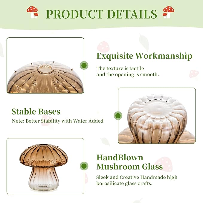 Glasseam Amber Glass Mushroom Vase: Cute Small Flower Vase Set of 10 Unique Mini Bud Vases for Centerpieces Decorative Vases for Flowers Funky Plant Vase Decor